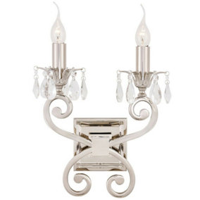 Esher Luxury Twin Curved Arm Traditional Wall Light Bright Nickel Crystal Drop