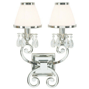 Esher Luxury Twin Curved Arm Traditional Wall Light Nickel Crystal White Shade