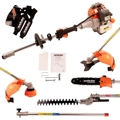 eSkde 5 in 1 Petrol Garden Mult Tool 52cc 2 Stroke Strimmer Brush Cutter Hedge Trimmer Chainsaw Extension Pole Double Harness