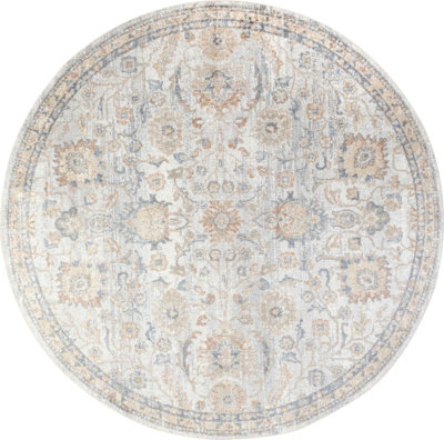 ESTHER Round Machine Washable Traditional Boho Grey/Oatmeal Area Rug 200 x 200 cm