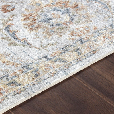 ESTHER Round Machine Washable Traditional Boho Grey/Oatmeal Area Rug 200 x 200 cm