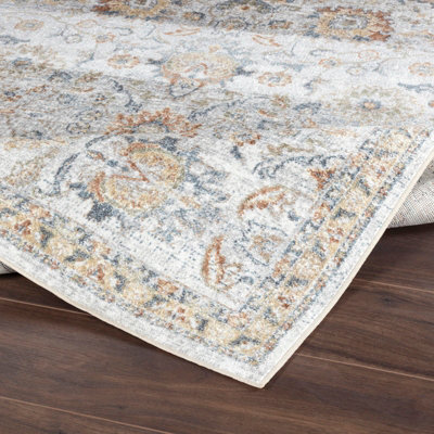 ESTHER Round Machine Washable Traditional Boho Grey/Oatmeal Area Rug 200 x 200 cm
