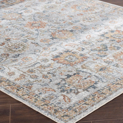 ESTHER Round Machine Washable Traditional Boho Grey/Oatmeal Area Rug 200 x 200 cm