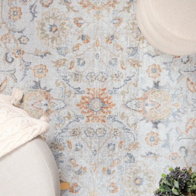 ESTHER Round Machine Washable Traditional Boho Grey/Oatmeal Area Rug 200 x 200 cm