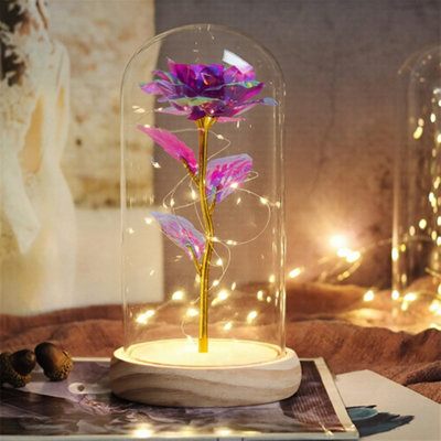 Eternal Rose in Glass Cover Wooden Base Golden Purple LED Warm Light