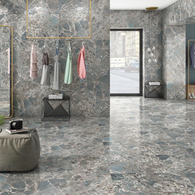 Ethos Polished Green Stone Effect Porcelain Wall & Floor Tile - Pack of 16 Tiles, 11m² - (L)600(W)1200mm