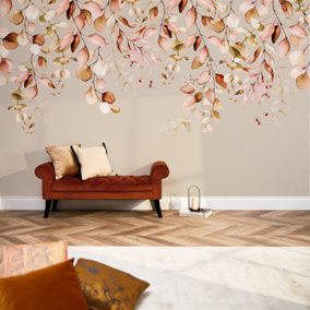 Eucalyptus Cascade Mural In Autumn Browns And Oranges On Taupe (300cm x 240cm)