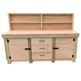 Eucalyptus top workbench with drawers and double lockable cupboard (V.8) (H-90cm, D-70cm, L-210cm) with back panel & double shelf