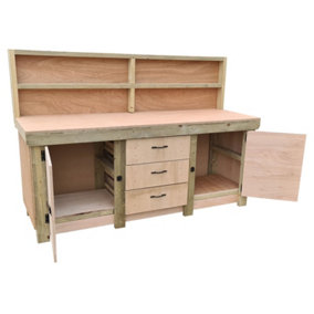 Eucalyptus top workbench with drawers and double lockable cupboard (V.8) (H-90cm, D-70cm, L-210cm) with back panel