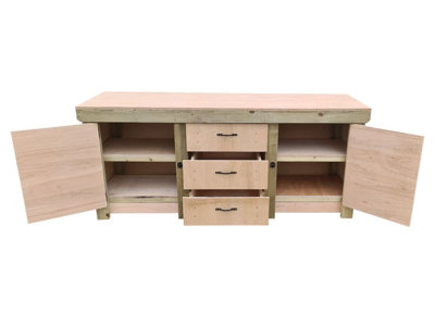 Eucalyptus top workbench with drawers and double lockable cupboard (V.8) (H-90cm, D-70cm, L-210cm) with double shelf