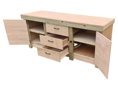 Eucalyptus top workbench with drawers and double lockable cupboard (V.8) (H-90cm, D-70cm, L-210cm) with double shelf