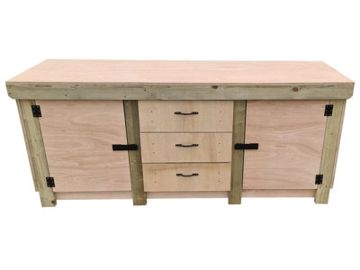 Eucalyptus top workbench with drawers and double lockable cupboard (V.8) (H-90cm, D-70cm, L-210cm) with double shelf