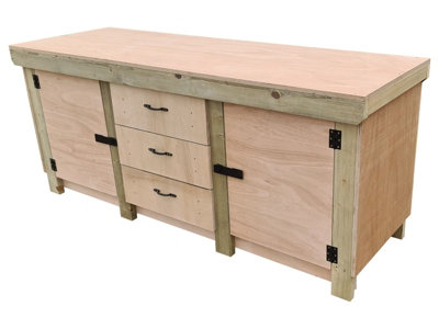 Eucalyptus top workbench with drawers and double lockable cupboard (V.8) (H-90cm, D-70cm, L-210cm) with double shelf