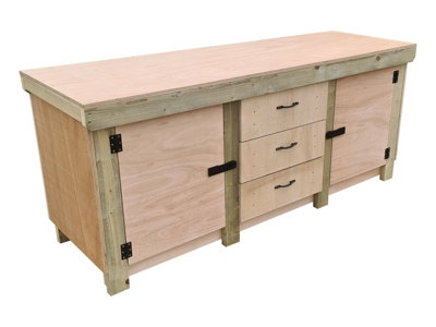 Eucalyptus top workbench with drawers and double lockable cupboard (V.8) (H-90cm, D-70cm, L-210cm) with double shelf