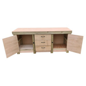 Eucalyptus top workbench with drawers and double lockable cupboard (V.8) (H-90cm, D-70cm, L-210cm)