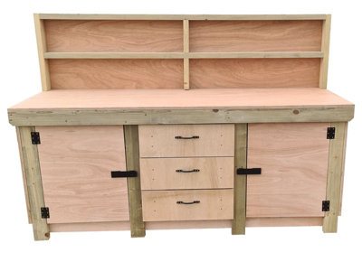 Eucalyptus top workbench with drawers and double lockable cupboard (V.8) (H-90cm, D-70cm, L-240cm) with back panel & double shelf