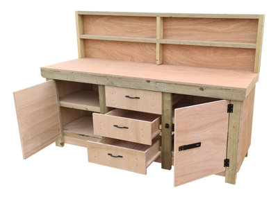 Eucalyptus top workbench with drawers and double lockable cupboard (V.8) (H-90cm, D-70cm, L-240cm) with back panel & double shelf