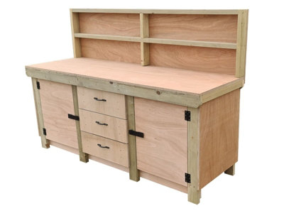 Eucalyptus top workbench with drawers and double lockable cupboard (V.8) (H-90cm, D-70cm, L-240cm) with back panel & double shelf