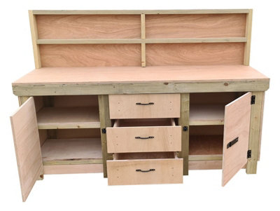 Eucalyptus top workbench with drawers and double lockable cupboard (V.8) (H-90cm, D-70cm, L-240cm) with back panel & double shelf