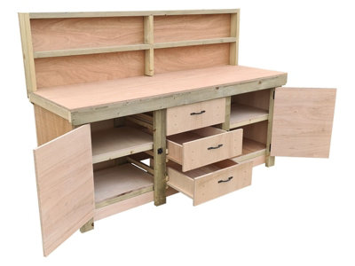 Eucalyptus top workbench with drawers and double lockable cupboard (V.8) (H-90cm, D-70cm, L-240cm) with back panel & double shelf