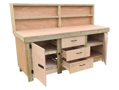 Eucalyptus top workbench with drawers and double lockable cupboard (V.8) (H-90cm, D-70cm, L-240cm) with back panel & double shelf