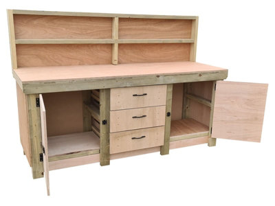 Eucalyptus top workbench with drawers and double lockable cupboard (V.8)  (H-90cm, D-70cm, L-240cm) with back panel