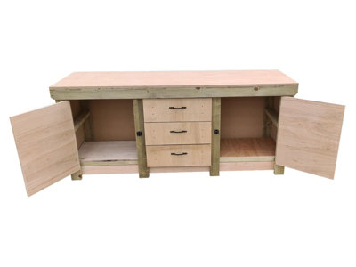 Eucalyptus top workbench with drawers and double lockable cupboard (V.8) (H-90cm, D-70cm, L-240cm)