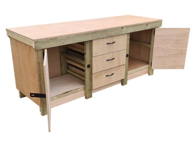 Eucalyptus top workbench with drawers and double lockable cupboard (V.8) (H-90cm, D-70cm, L-240cm)
