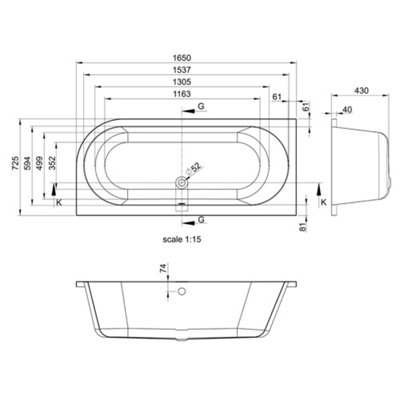 Eugene Left Hand White Super-Strong Acrylic Double Ended Straight Bath (L)1650mm (W)725mm