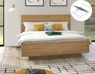 Euro King Bedframe Ottoman Storage 160cm Lift Up Bed Waterford Oak Effect Maio