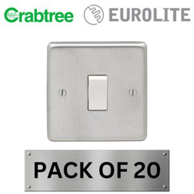 Eurolite 1 Gang 10A 2 Way Switch - Round Edge Satin Stainless Steel Plate with White Rocker (20 Pack) Crabtree Insert