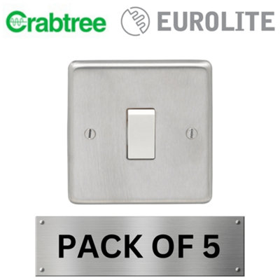 Eurolite 1 Gang 10A 2 Way Switch - Round Edge Satin Stainless Steel Plate with White Rocker (5 Pack) Crabtree Insert