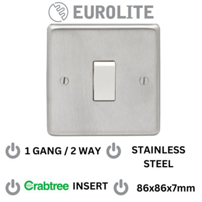Eurolite 1 Gang 10A 2 Way Switch - Round Edge Satin Stainless Steel Plate with White Rocker (5 Pack) Crabtree Insert