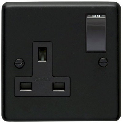 Eurolite 1 Gang 13A DP Switched Socket: Round Edge Matt Black Plate - Black Nickel Rocker