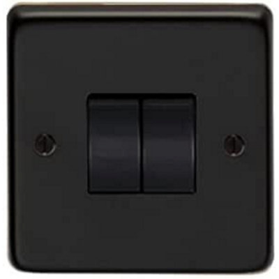 Eurolite Light Switch 2 Gang 10A 2 Way: Round Edge Matt Black Plate - Black Nickel Rockers