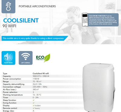Eurom Coolsilent 9000 BTU Mobile Air Conditioner,  Dehumidifier Wi-Fi and Remote Control, Silent Mode