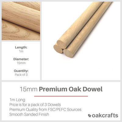 European Oak Dowel - 1m Long (15mm) - Pack of 3
