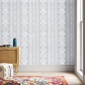European Style Damascus Pattern Silver Textured PVC Self Adhesive Wallpaper Roll 5m (L)