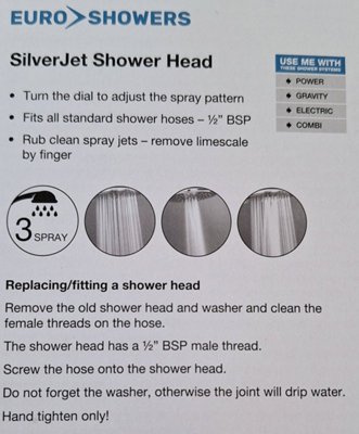 Euroshowers Black 3 Spray Pattern Silverjet Shower Head - 3
