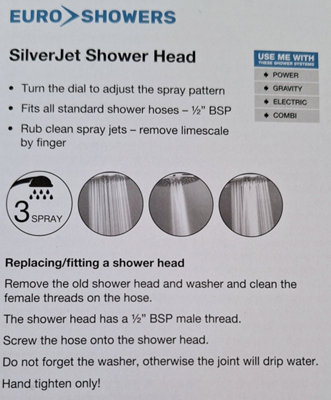 Euroshowers Black 3 Spray Pattern Silverjet Shower Head