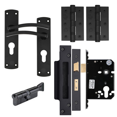 EuroTec-Plus Black Door Handle Pack Fire Rated - 3 Lever Lock & Thumbturn Cylinder
