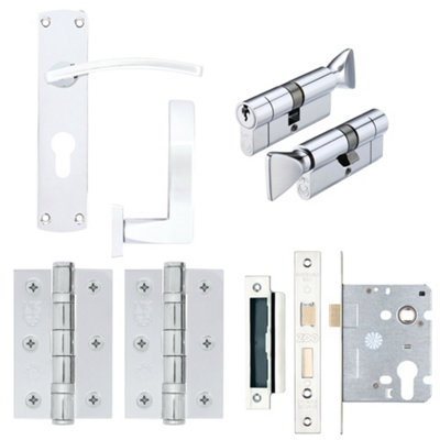 EuroTec-Plus Polished Chrome Door Handle Pack Fire Rated - 3 Lever Lock & Thumbturn Cylinder