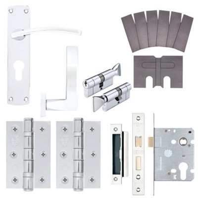 EuroTec-Plus Polished Chrome Fire Door Handle Pack Fire Rated - 3 Lever Lock & Thumbturn Cylinder