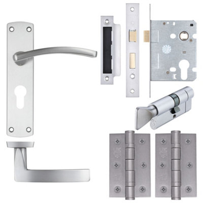 EuroTec-Plus Satin Chrome Door Handle Pack Fire Rated - 3 Lever Lock & Thumbturn Cylinder