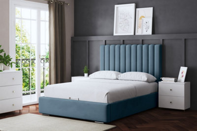 Evangeline Blue Upholstered Panel Bed with Headboard Super King