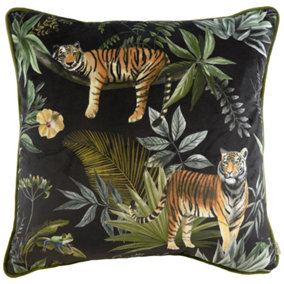 Evans Lichfield Jungle Tiger Cushion Cover Black/Sage Green (43cm x 43cm)