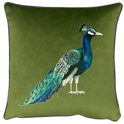 Evans Lichfield Cuscino Copricuscino Con Pavone – Velluto Verde Oliva, 43x43 Cm – Disegno Dipinto A Mano