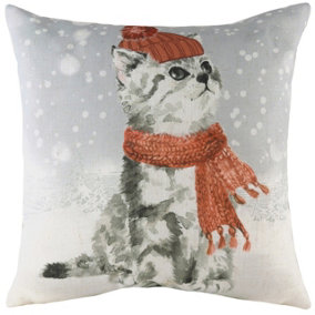Evans Lichfield Snowy Cat Hand-Painted Watercolour Printed Polyester Filled Cushion