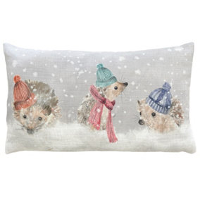 Evans Lichfield Snowy Hedgys Watercolour Printed Polyester Filled Christmas Cushion