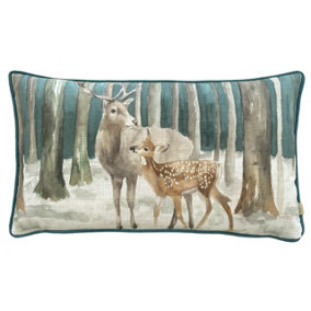 Evans Lichfield Stag Scene Christmas Printed Piped Feather Filled Cushion